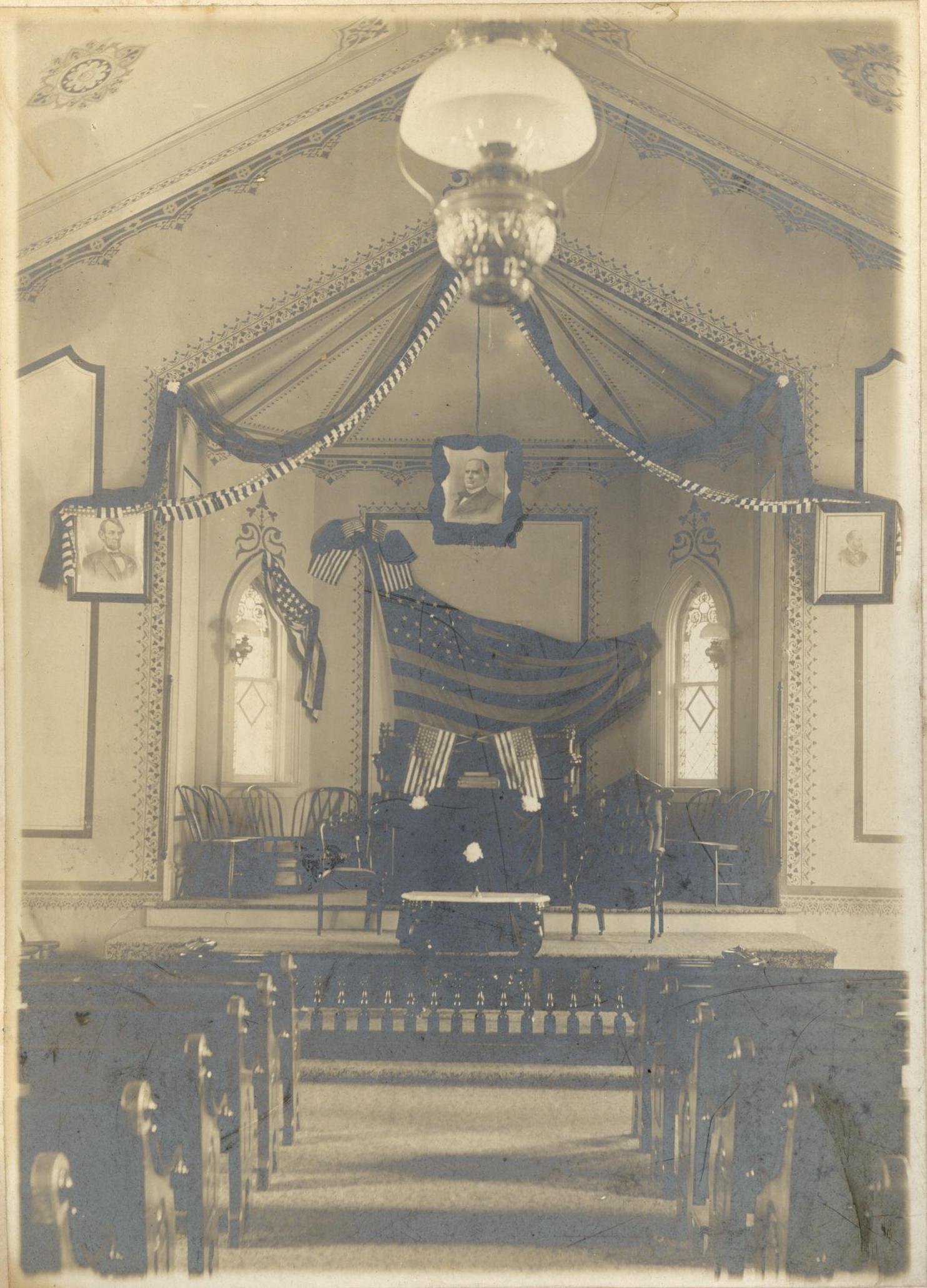 Inside the Cook Street church. Taken at the time of President William  McKinley's memorial service. McKinley was assassinated in Buffalo, N.Y.  in September 1901
