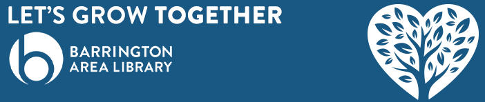 Blue rectangular divider with text, Let's Grow Together, the Barrington Area Library logo, and a white tree silhouette