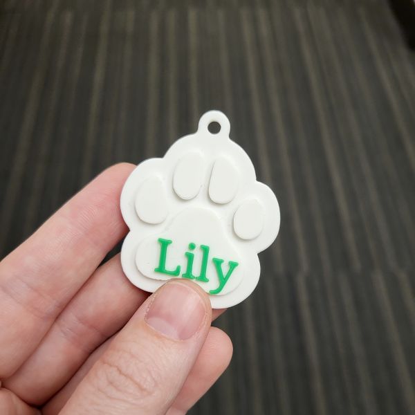 Keychain in the shape of a paw printed in white filament. Letters Lily added after being printed in green filament.