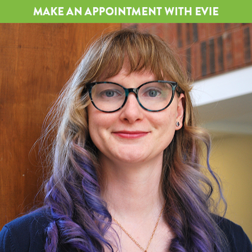 Image of smiling woman, LINK to schedule a Digital Services appointment with Evie
