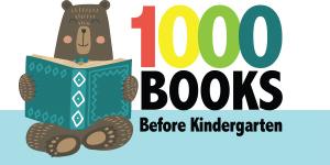 LINK to register and learn more about 1000 Books Before Kindergarten program, illlustration of a cartoon bear reading books