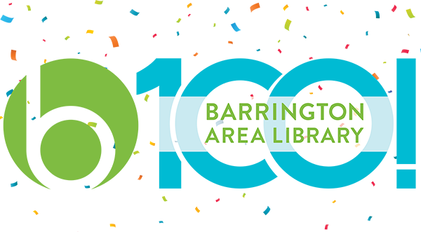 Anniversary logo with round green b, 100! in bright turquoise font, Barrington Area Library wording, brightly colored confetti in background