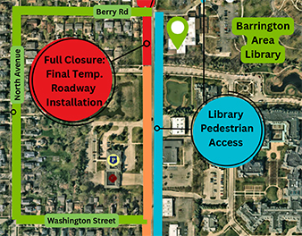 Close-up of map section showing detour route to/from the Barrington Area Library during Route 14 closing in October 2025