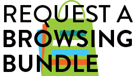 Image of multi-colored shopping bag, text reading request a browsing bundle of books or movie