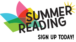 LINK to log into Summer Reading program at the Barrington Area Library, brightly colored abstract book logo