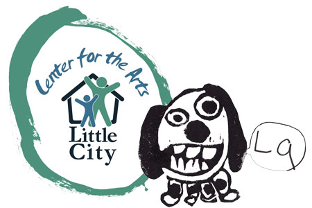 Logo for Little City Center for the Arts, cartoon drawing of a dog saying La