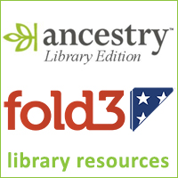 Logos for Ancestry library edition and Fold3 databases, text reads library resources