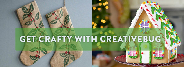 Get crafty with Creativebug, photos of a gingerbread house and two stockings made of burlap
