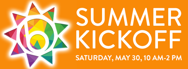 Image promoting Summer Kickoff event at the Barrington Area Library, multicolored sun logo, Saturday, May 30, 10 AM to 2 PM, link to information page
