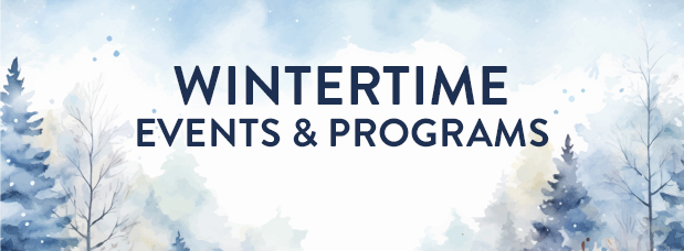 Link to online Events Calendar, Background image of watercolor style pine trees, tree trunks, misty air, blue sky above, text reading wintertime events and programs